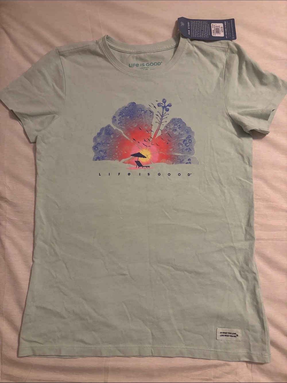 Life Is Good Mint Short Sleeve Tee with Sunset Hibiscus Graphic
